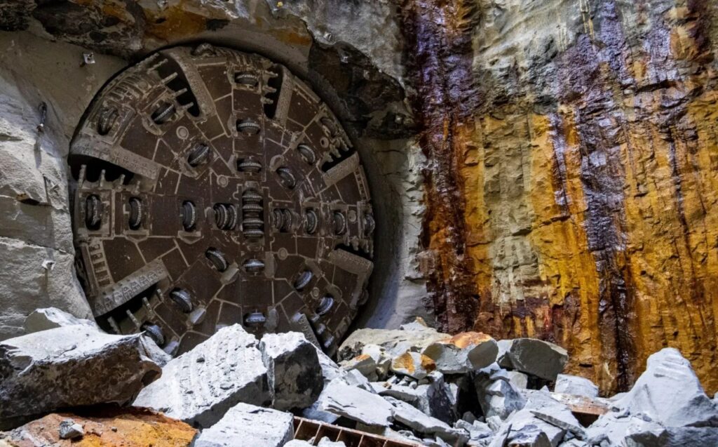 Tunnel boring machine cutterhead breaking through rock on Sydney Metro City & Southwest
